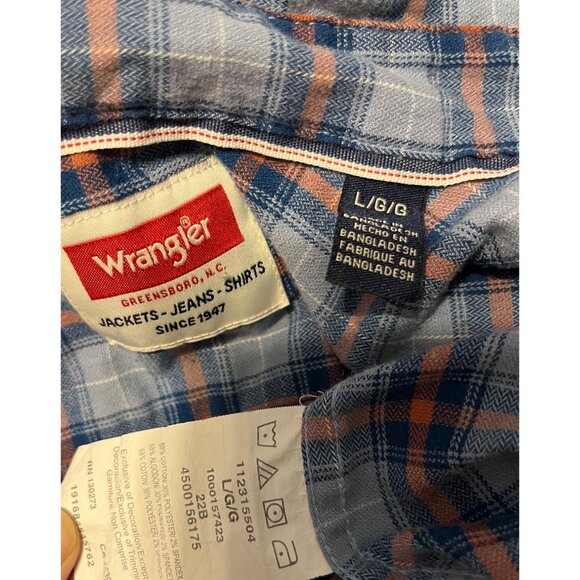 Wrangler Mens Plaid Long Sleeve Button-Up Shirt Blue/Orange L - Picture 4 of 4
